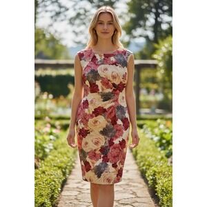 Shelby & Palmer Women Floral Sheath Dress Red Cream Size 10 Ruched Sleeveless
